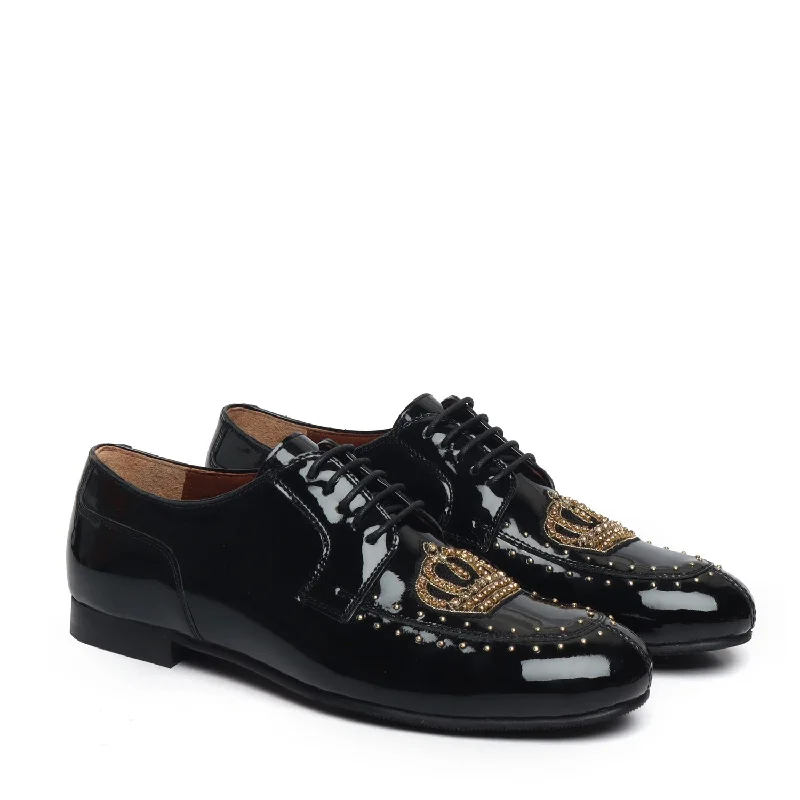 Black Patent Leather Lace-Up Shoes with Ethnic Studded Crown Zardosi by Brune & Bareskin