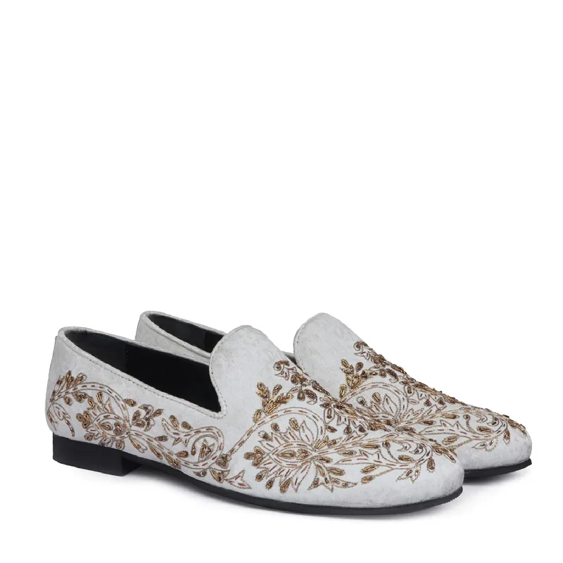 Zardosi Embroidery Slip-On Shoes in Ethnic White Fabric with Golden Crystals Petal Design