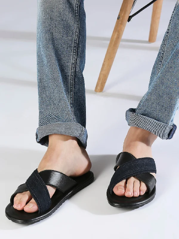 Privo Dark Blue Denim and Black Casual Sandals For Men