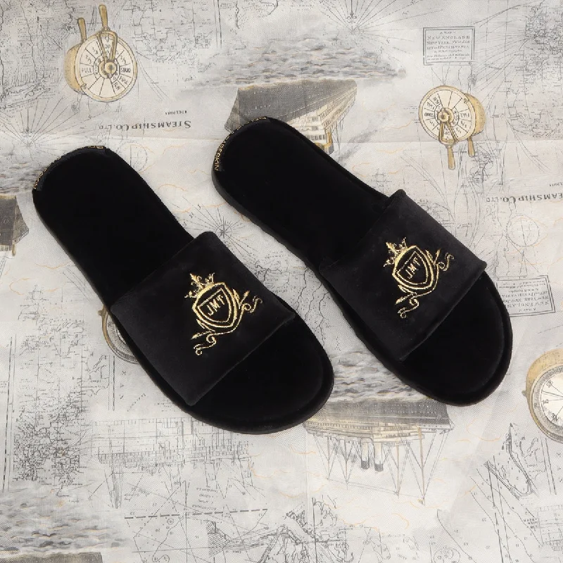 Customized Embroidered "JMT" Initial on Black Velvet Slide-in Slippers By Brune & Bareskin