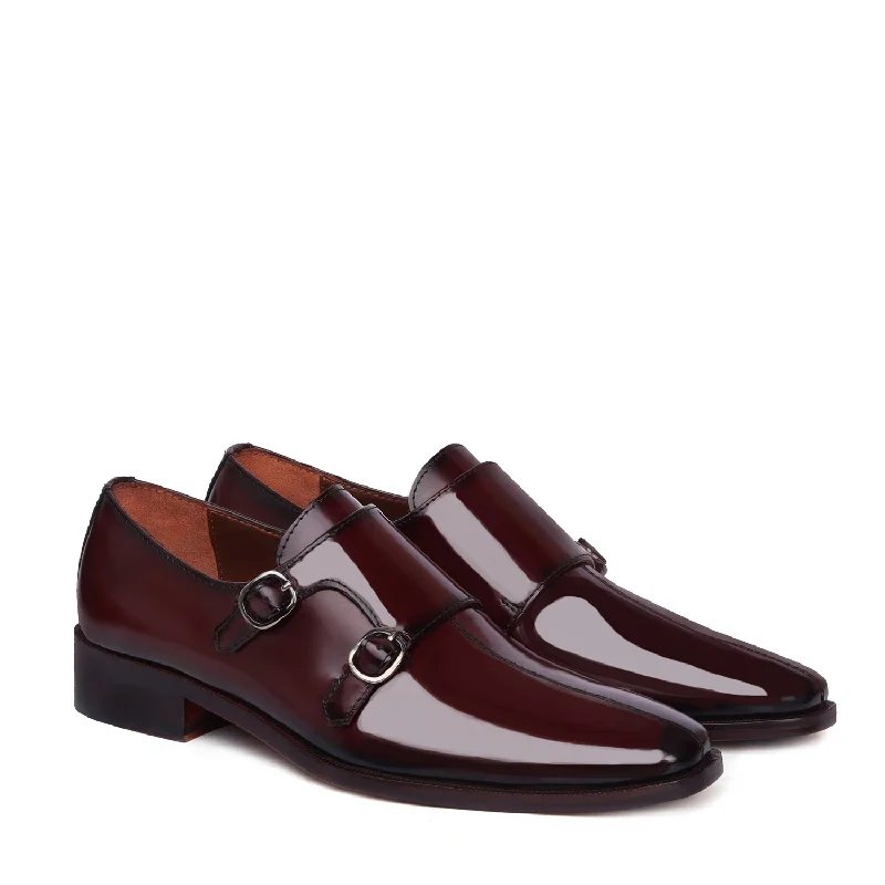 Wine Sleek Apron Toe Slip-On Shoes Double Monk Patent Leather