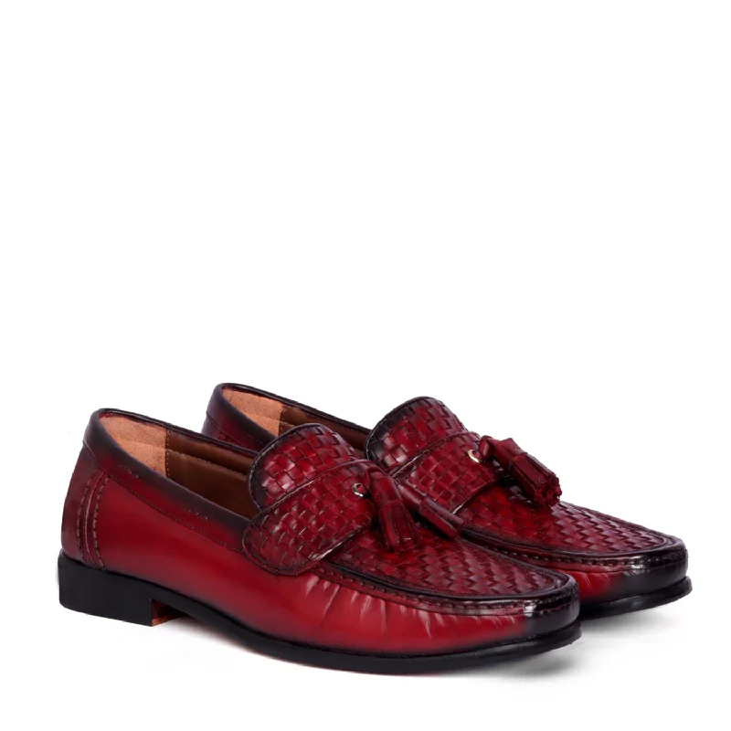 Wine Leather Loafers with Weaved Vamp & Tassel With Leather Sole